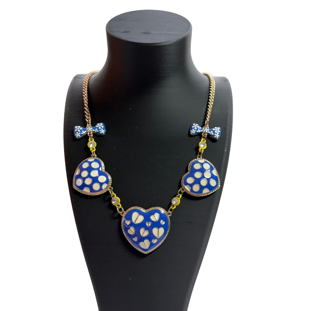 Vintage Betsey‎ Johnson Blue Enamel Heart Polka Dot Bow Statement Necklace